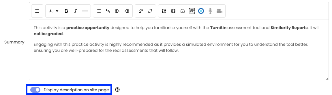 Moodle - Turnitin Assignment - Summary Field - Practice Opportunity Example